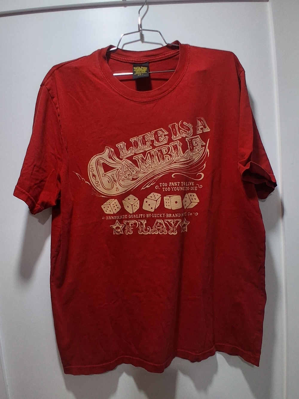 Lucky Brand Red Graphic Tee with 'Life Is A Gamble' Print L